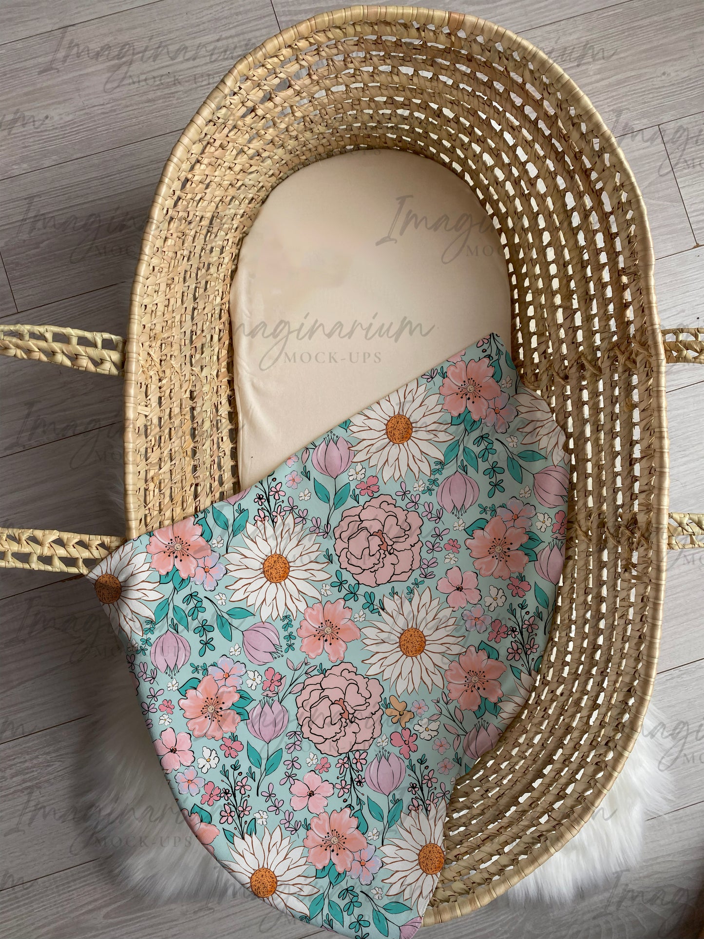 Moses Basket and Baby Blanket Mock Up, Realistic Blanket Mockup for Photochop and Procreate, Digital Flat Lay Background