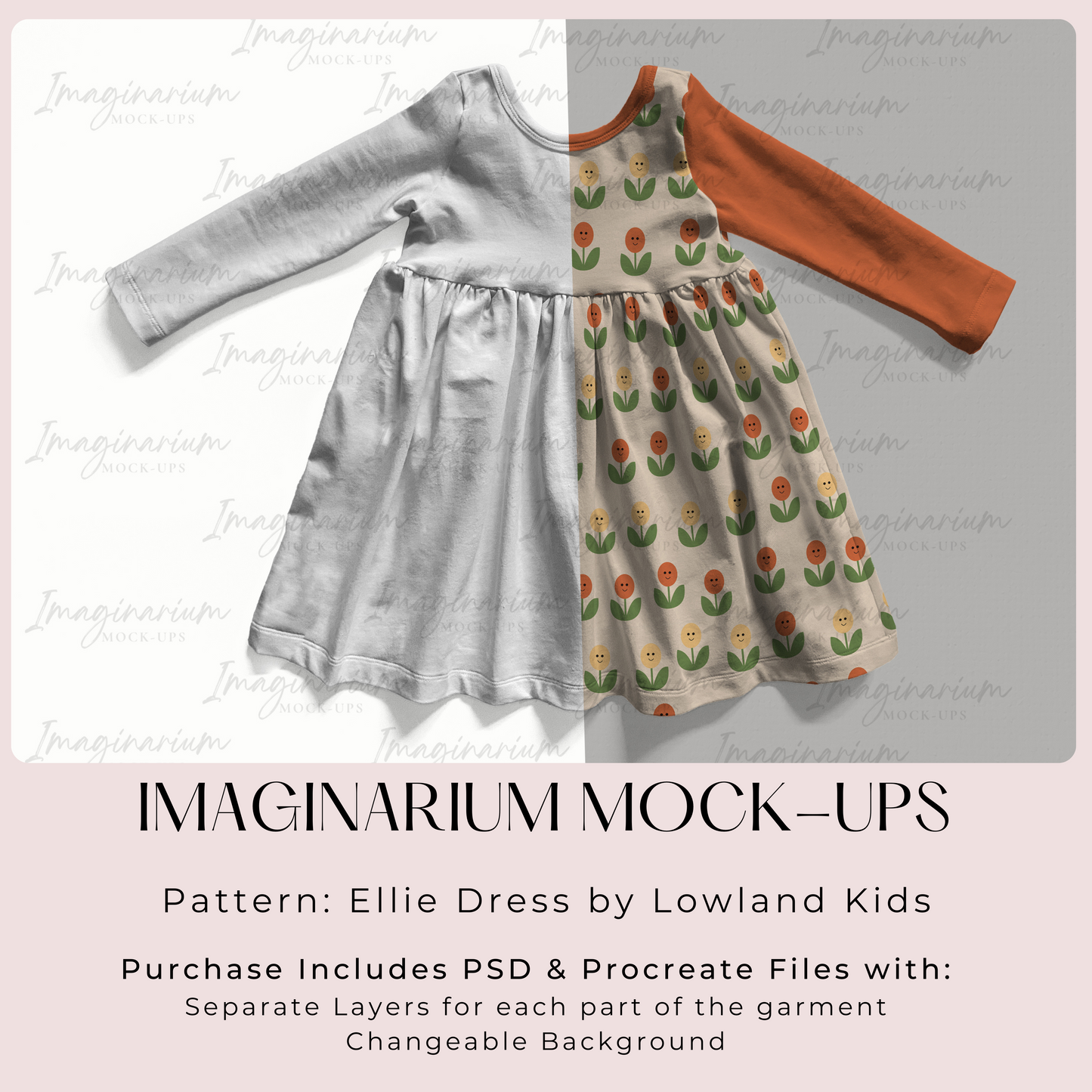 Long Sleeve Ellie Dress Mock Up, Realistic Clothing Mockup for Photoshop and Procreate