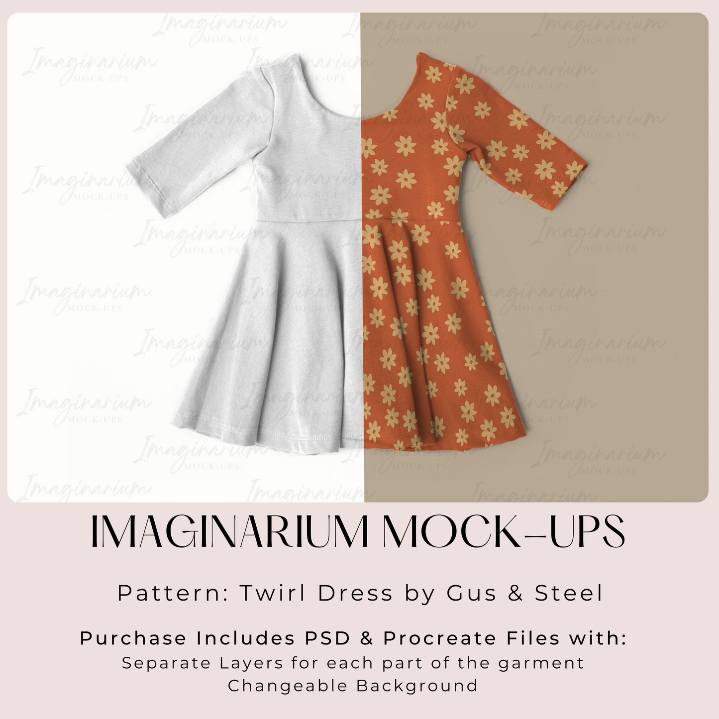 Gus & Steel Three Quarter Sleeve Twirl Dress Mock Up, Realistic Clothing Mockup for Photoshop and Procreate