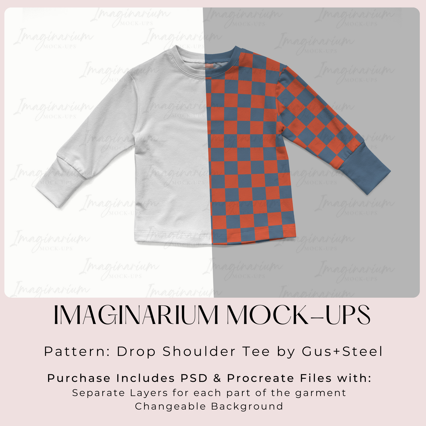 Gus + Steel Long Sleeve Drop Shoulder Tee Shirt Mockup, Realistic Clothing Mock Up for Photoshop and Procreate