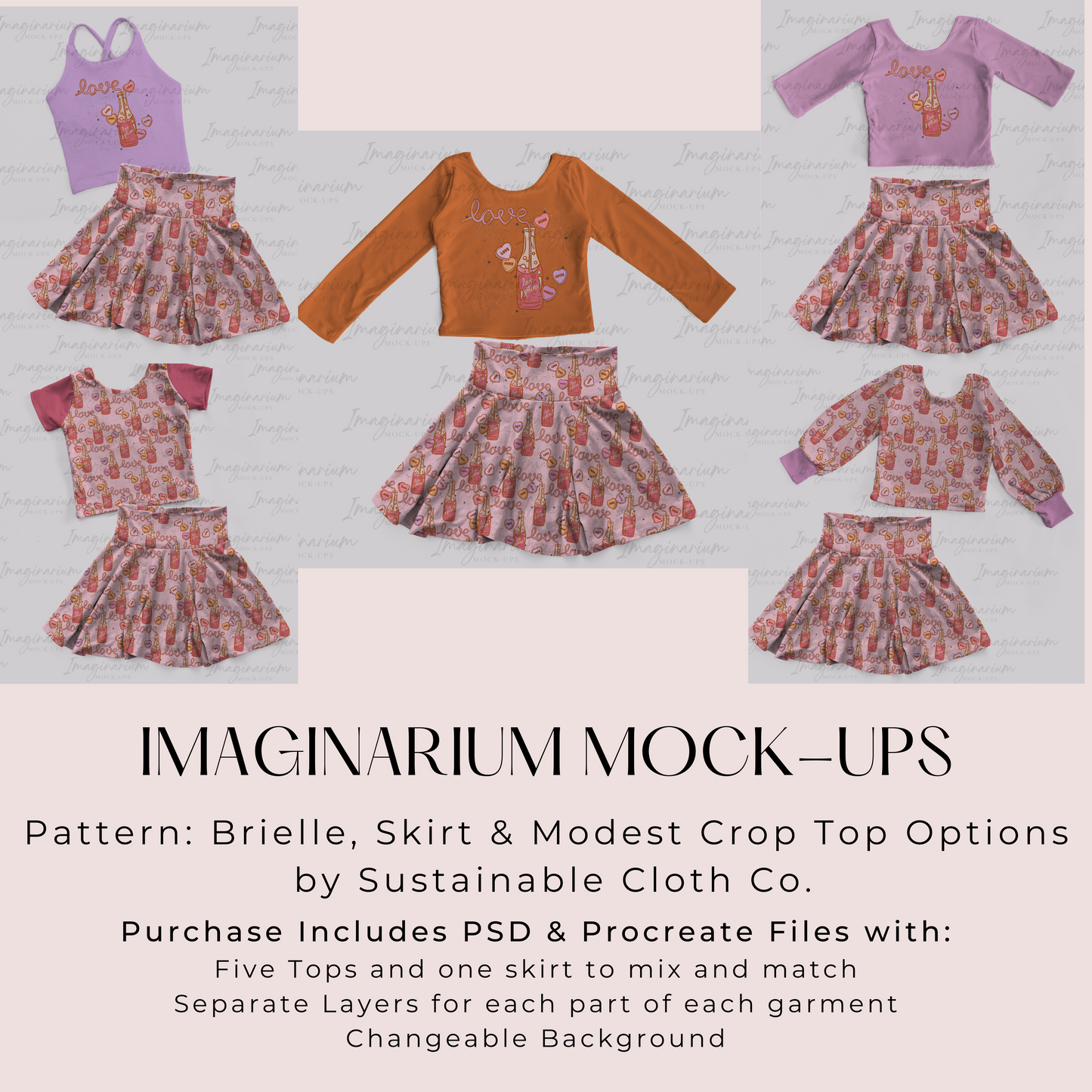 Brielle Skirt and Modest Crop Top Bundle Mock Up, Realistic Clothing Mockup for Photoshop and Procreate