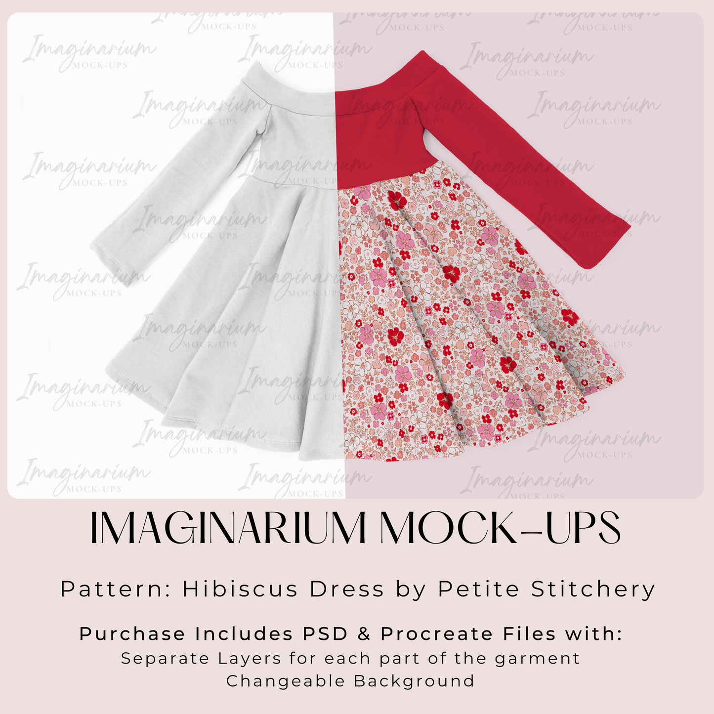 Long Sleeve Hibiscus Dress Mock Up, Off Shoulder Dress, Realistic Clothing Mockups for Photoshop and Procreate