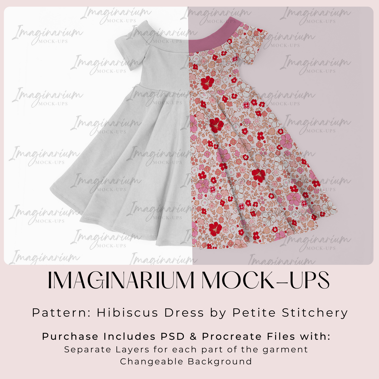 Short Sleeve Hibiscus Dress Mock Up, Off Shoulder Dress, Realistic Clothing Mockups for Photoshop and Procreate