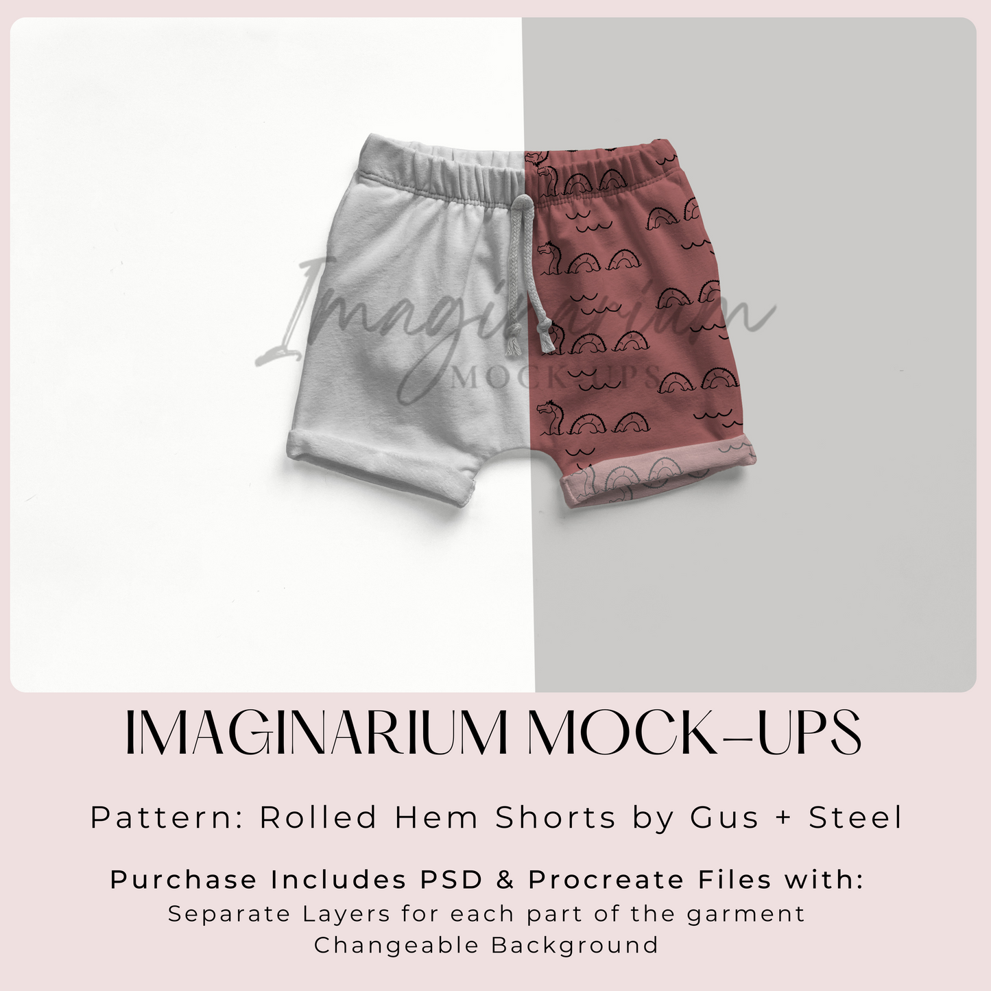 Gus + Steel Rolled Hem Shorts Mock Up, Realistic Clothing Mockup for Photoshop and Procreate
