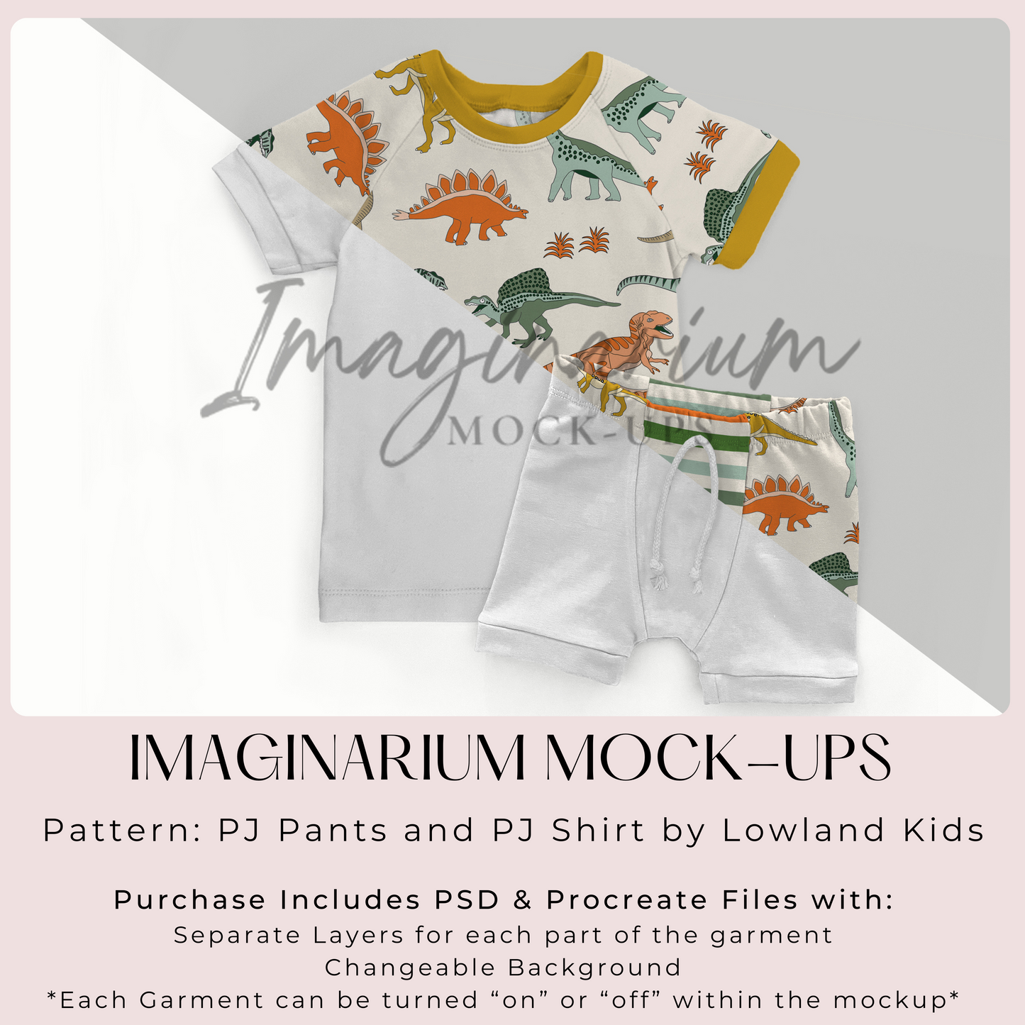 Lowland PJs Elastic Waist Shorts and Raglan Short Sleeve PJ Top Mockup, Realistic Clothing Mock Up for Photoshop and Procreate