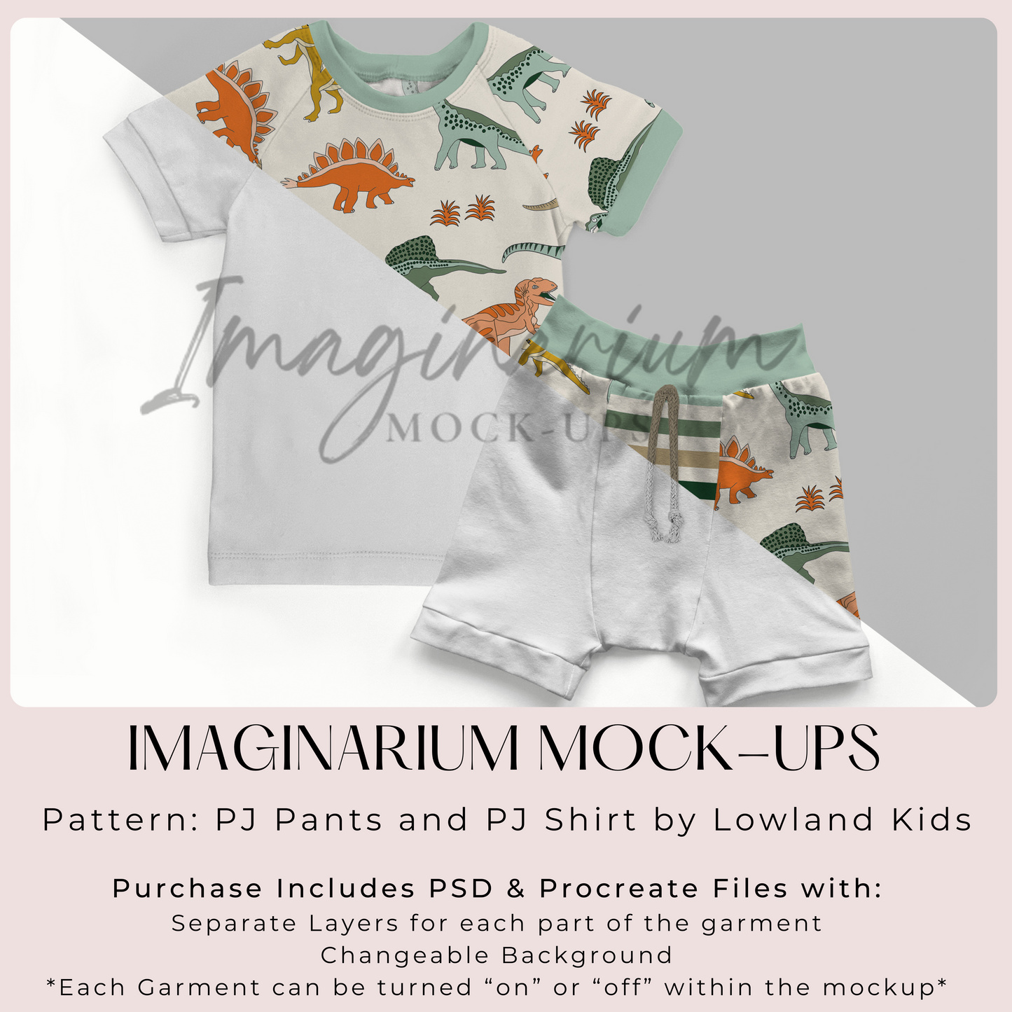 Lowland PJs Fabric Waist Shorts and Raglan Short Sleeve PJ Top Mockup, Realistic Clothing Mock Up for Photoshop and Procreate