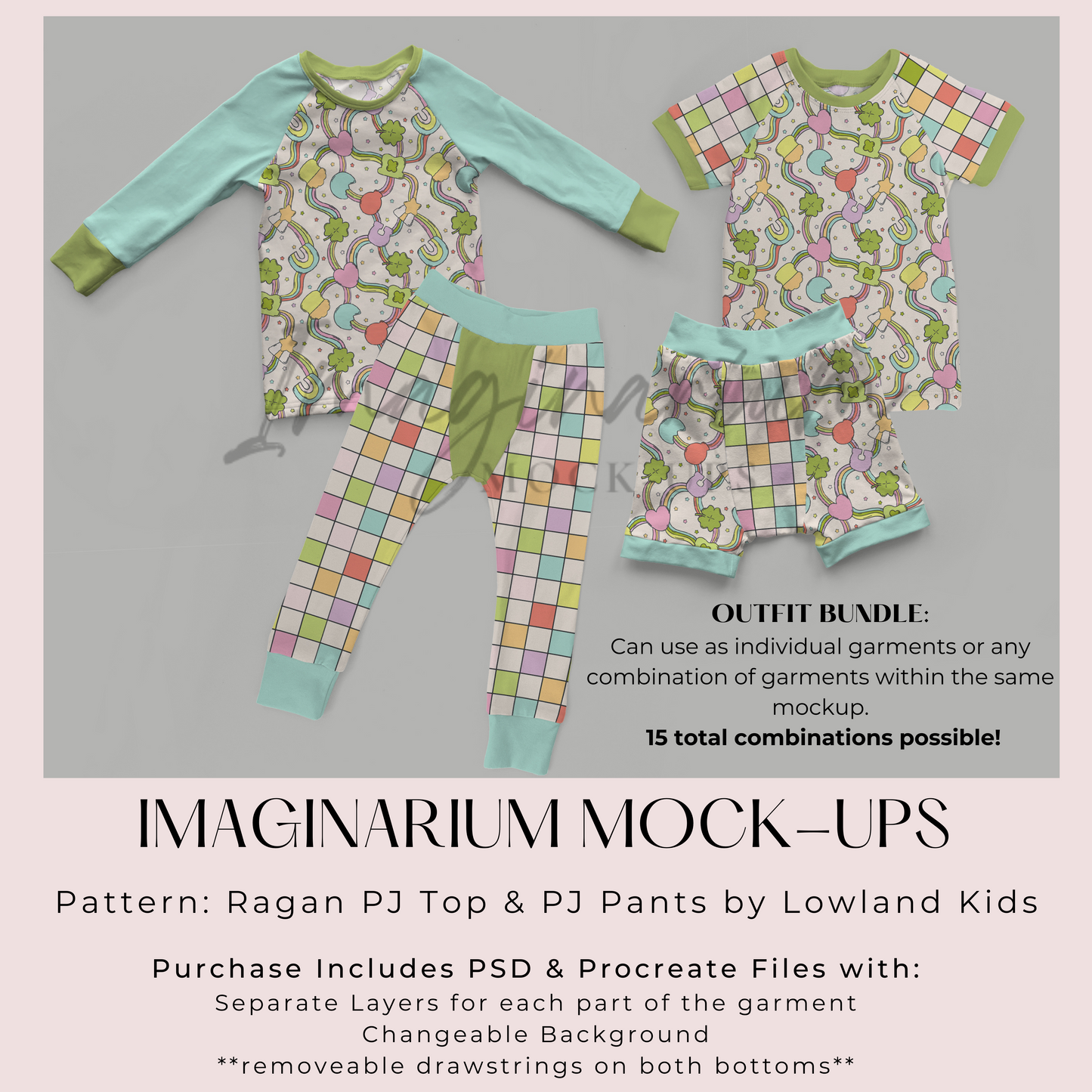 Outfit Bundle Lowland PJ Pants Fabric Waist and Raglan PJ Top Mockup, Realistic Clothing Mock Up for Photoshop and Procreate
