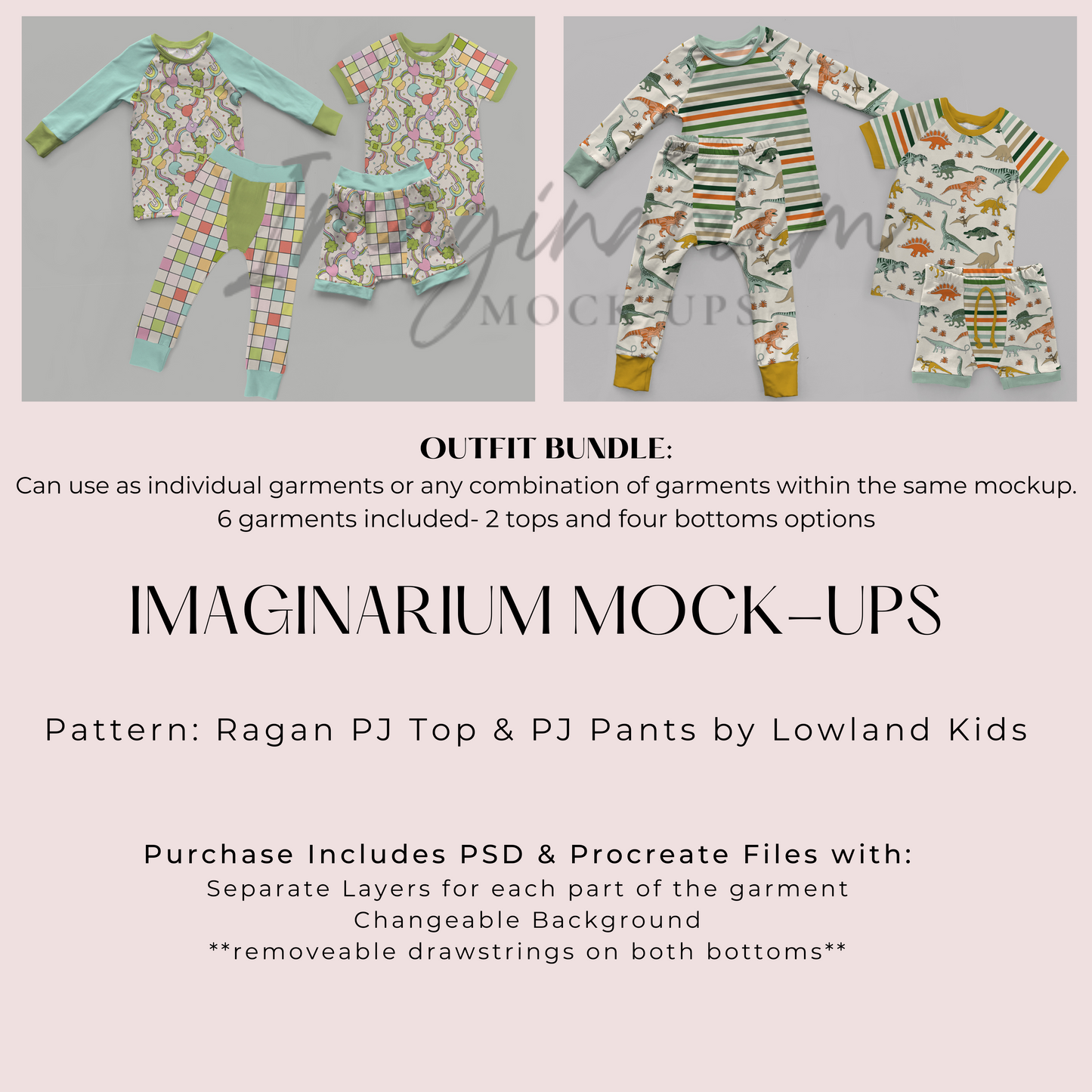 COMPLETE SET BUNDLE Lowland PJ Pants and Raglan PJ Top Mockup, Realistic Clothing Mock Up for Photoshop and Procreate