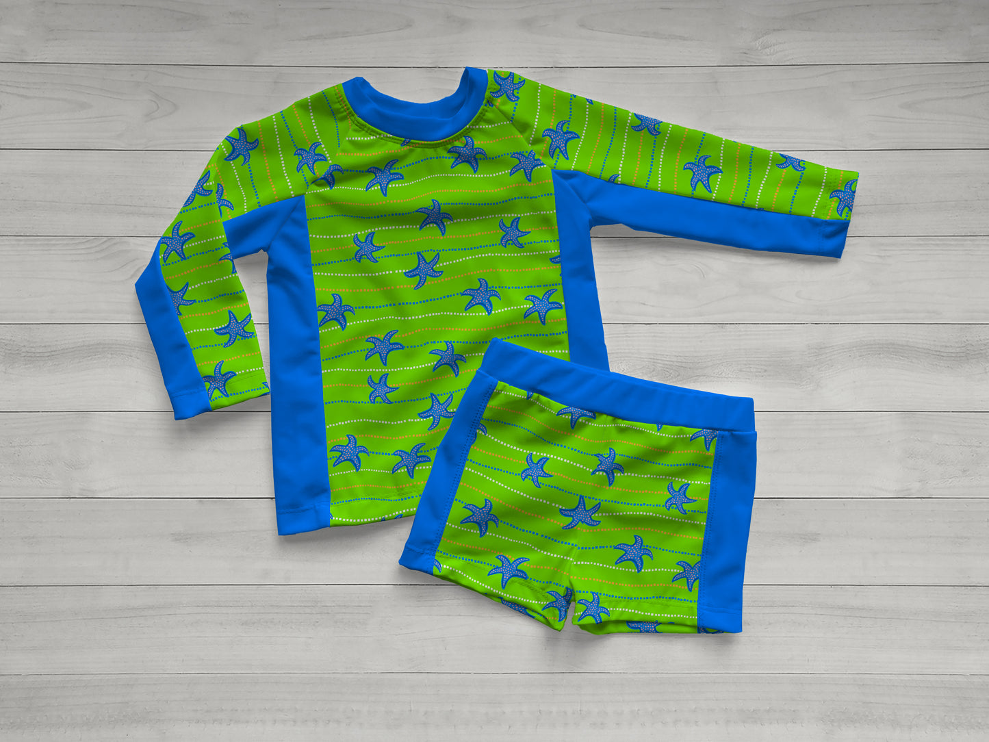 Rash Guard and Swim Shorts Mock Up, Hang Ten Rashguard and Monaco Swim Shorts, Realistic Clothing Mockup for Photoshop and Procreate