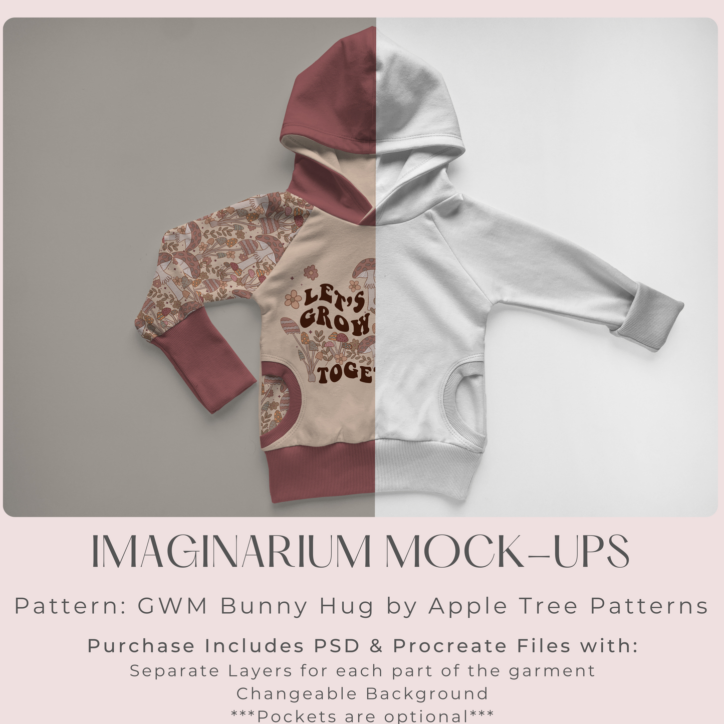 Grow With Me Bunny Hug Sweatshirt With Optional Pockets Mockup, Realistic Clothing Mock Up for Photoshop and Procreate