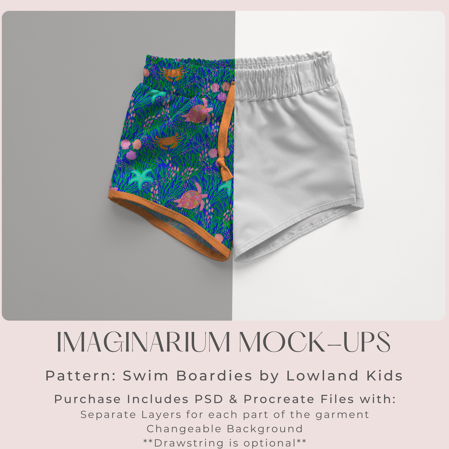 Board Shorts Swim Trunks Mock Up, Swim Boardies, Realistic Swimsuit Mockup for Photoshop and Procreate
