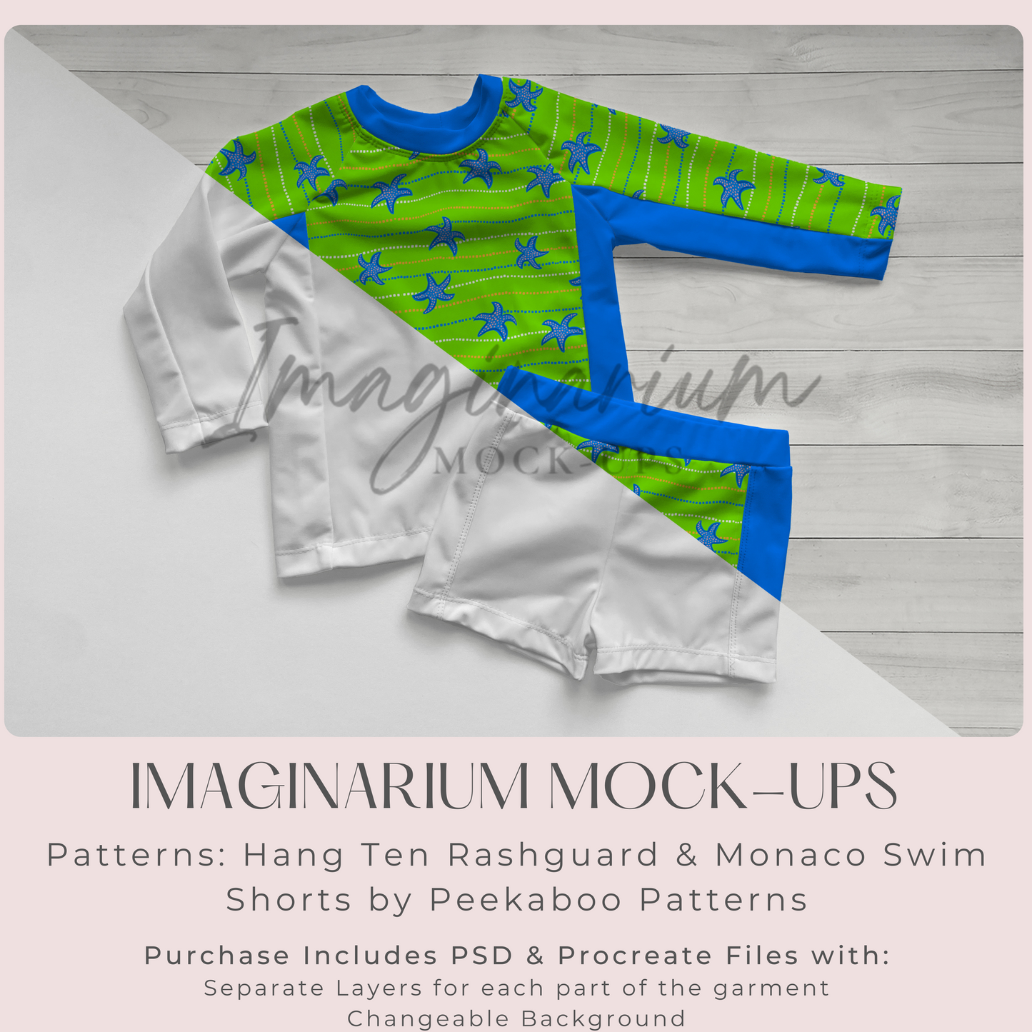Rash Guard and Swim Shorts Mock Up, Hang Ten Rashguard and Monaco Swim Shorts, Realistic Clothing Mockup for Photoshop and Procreate