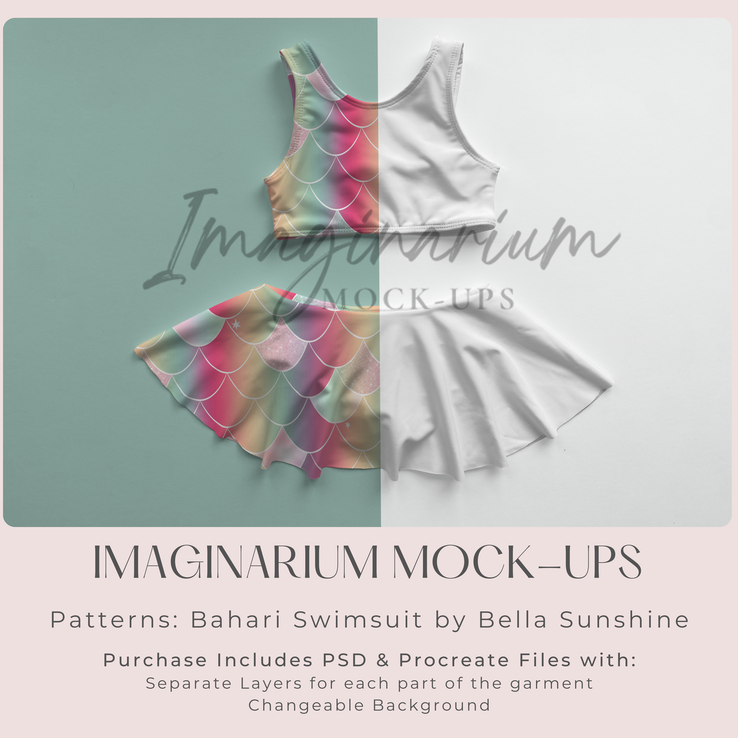 Skirted Two Piece Bahari Swimsuit Mockup, Realistic Swimwear Mock Up for Photoshop and Procreate