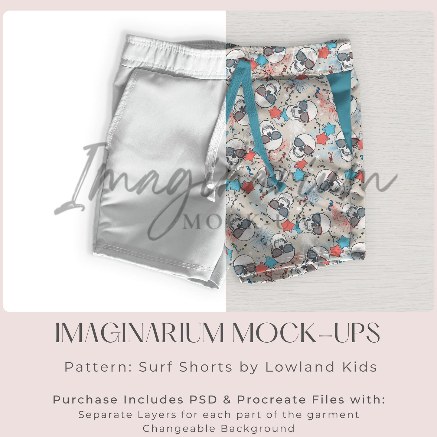 Board Shorts Swim Trunks Mock Up, Realistic Clothing Mockup for Photoshop and Procreate