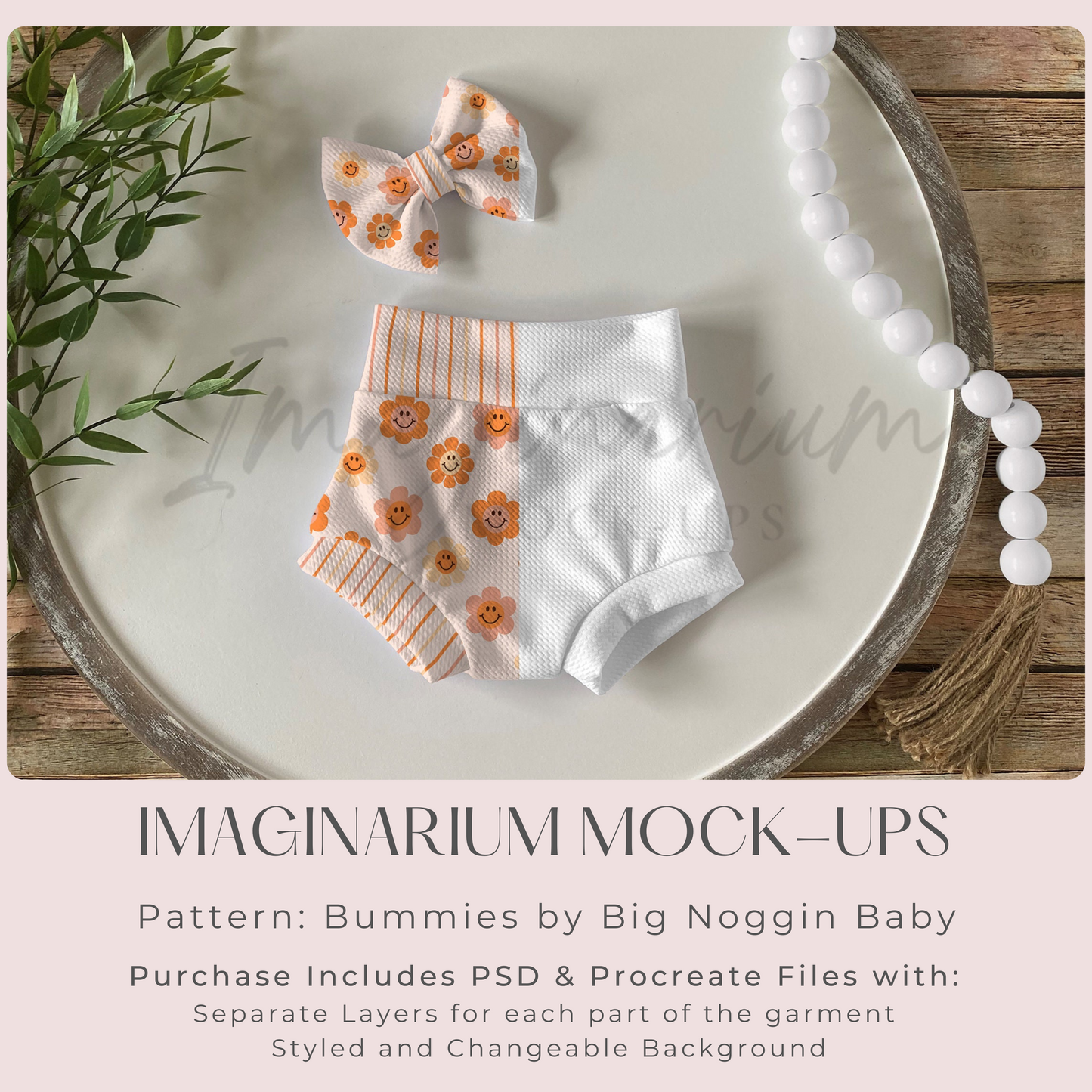 Bullet Fabric Bummies and Bow Mock Up, Realistic Clothing Mockup for Photoshop and Procreate