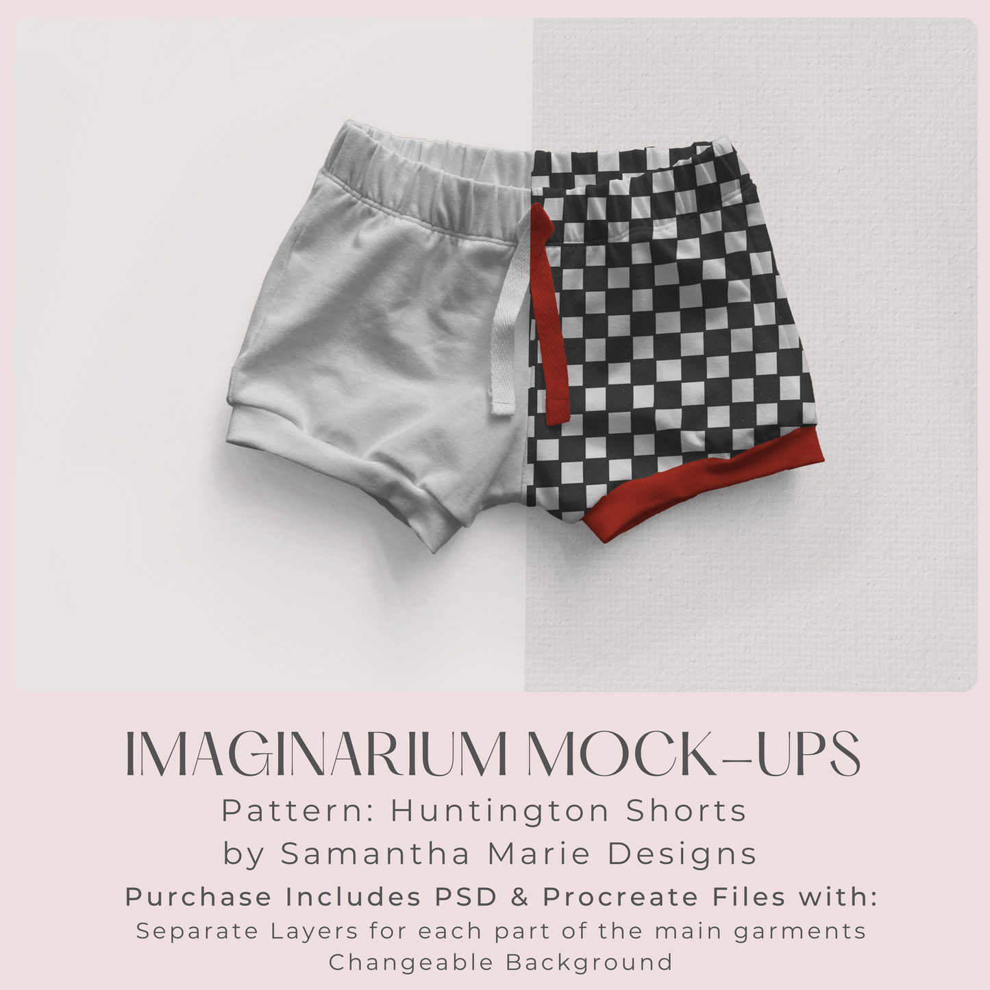 Elastic Waist Cuff Shorts Mock Up, Huntington Shorts, Realistic Clothing Mockup for Photoshop and Procreate