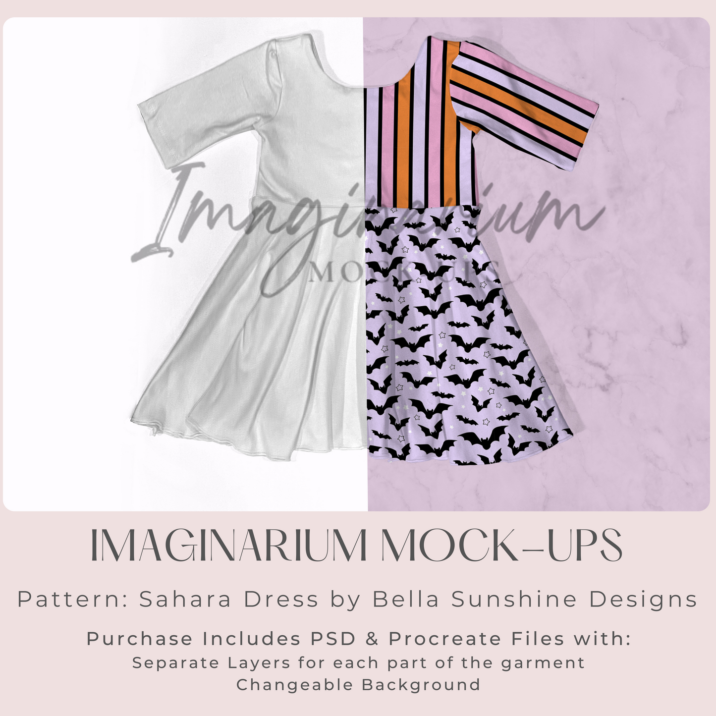 Lined Bodice 3/4 Length Sleeve Dress Mock Up, Realistic Clothing Mockup for Photoshop and Procreate