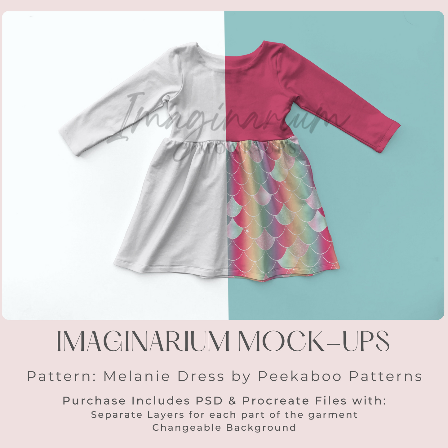 Long Sleeve Gathered Skirt dress Mock Up, Realistic Mockup for Photoshop and Procreate