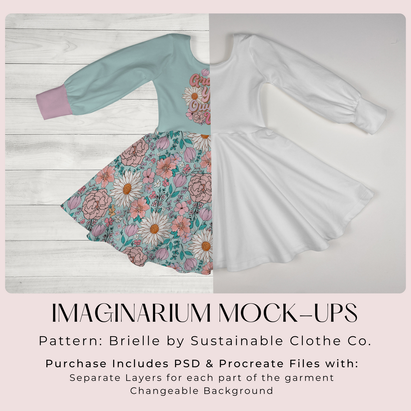 Long Sleeve Circle Skirt Brielle Dress Mock Up, Realistic Clothing Mockup for Photoshop and Procreate