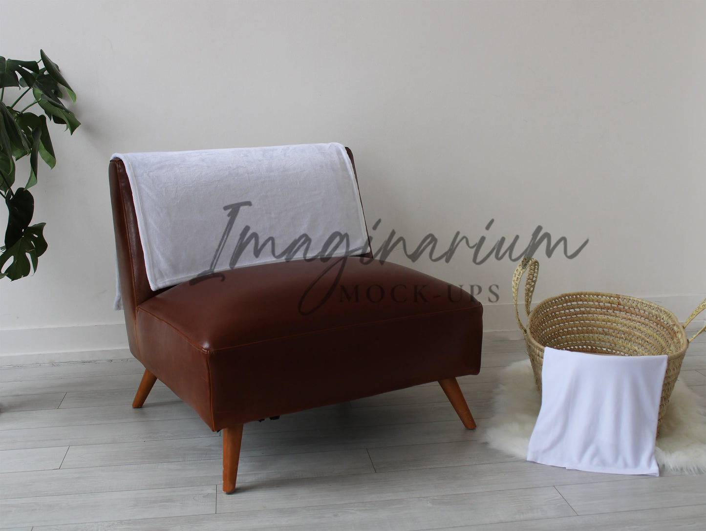 Small Minky Blanket on Chair and Swaddle Blanket in Moses Basket Mockup, Realistic Mock Up for Photoshop and Procreate