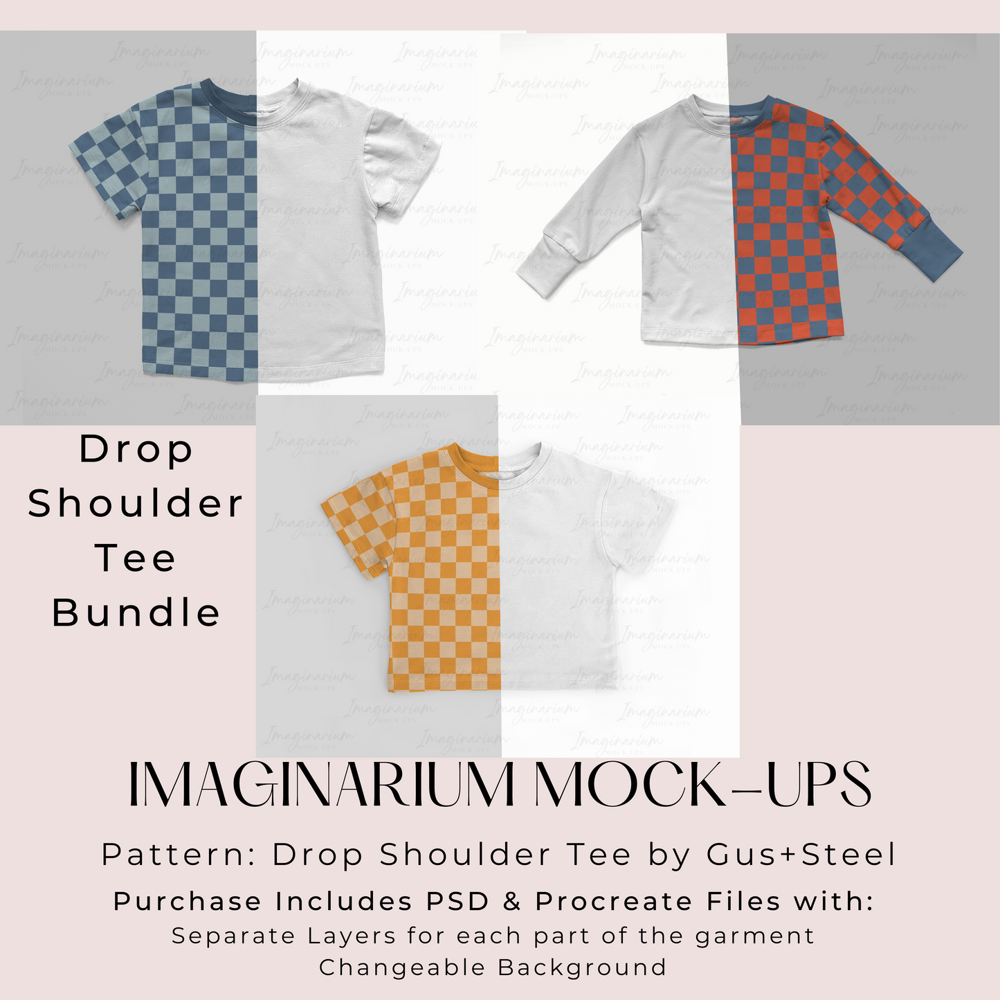 Gus + Steel BUNDLE Drop Shoulder Tee Shirt Mockup, Realistic Clothing Mock Up for Photoshop and Procreate