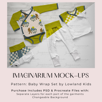 Baby Wrap Set Group Flat lay Mock-up, Realistic Clothing Mockup for Procreate and Photoshop
