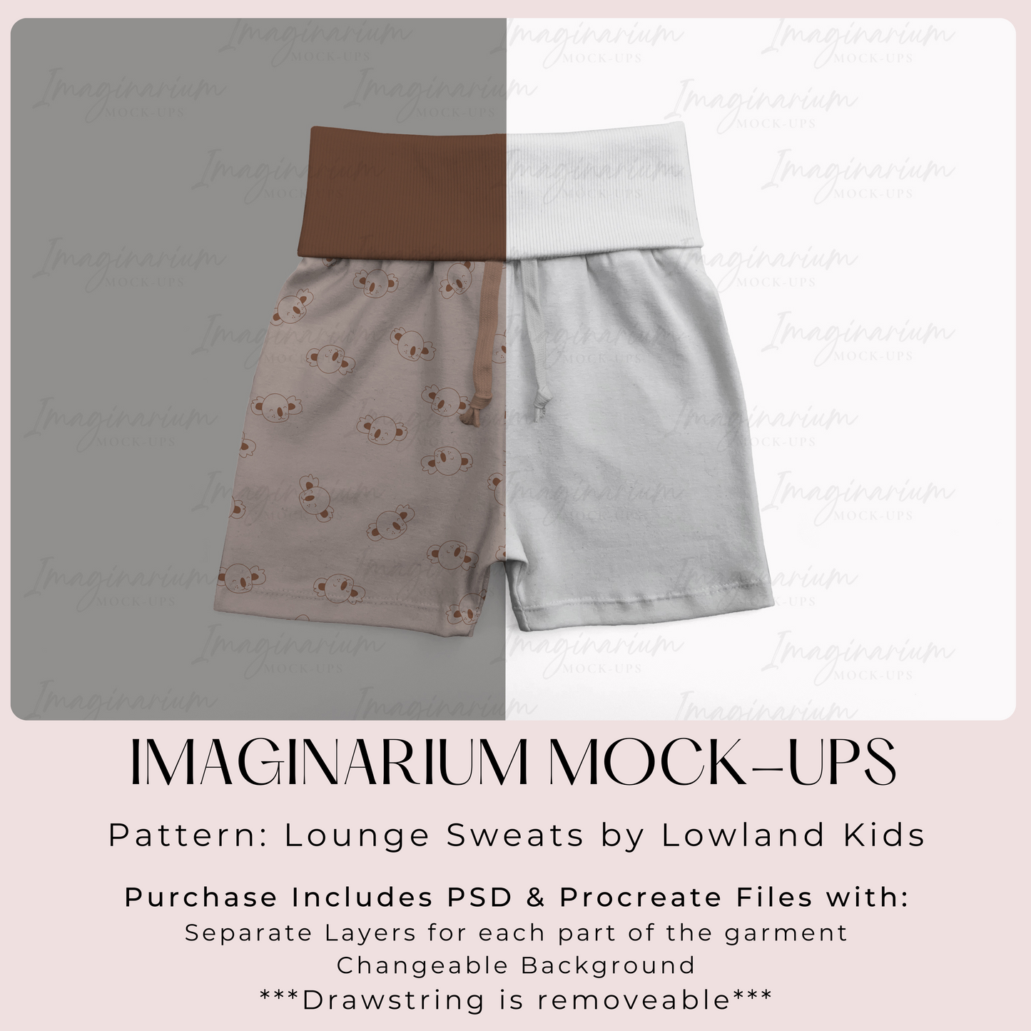 Lowland Lounge Sweats Shorts Mockup, Folded Fabric Waist Shorts Mock Up, Realistic Clothing Mock-up for Photoshop and Procreate