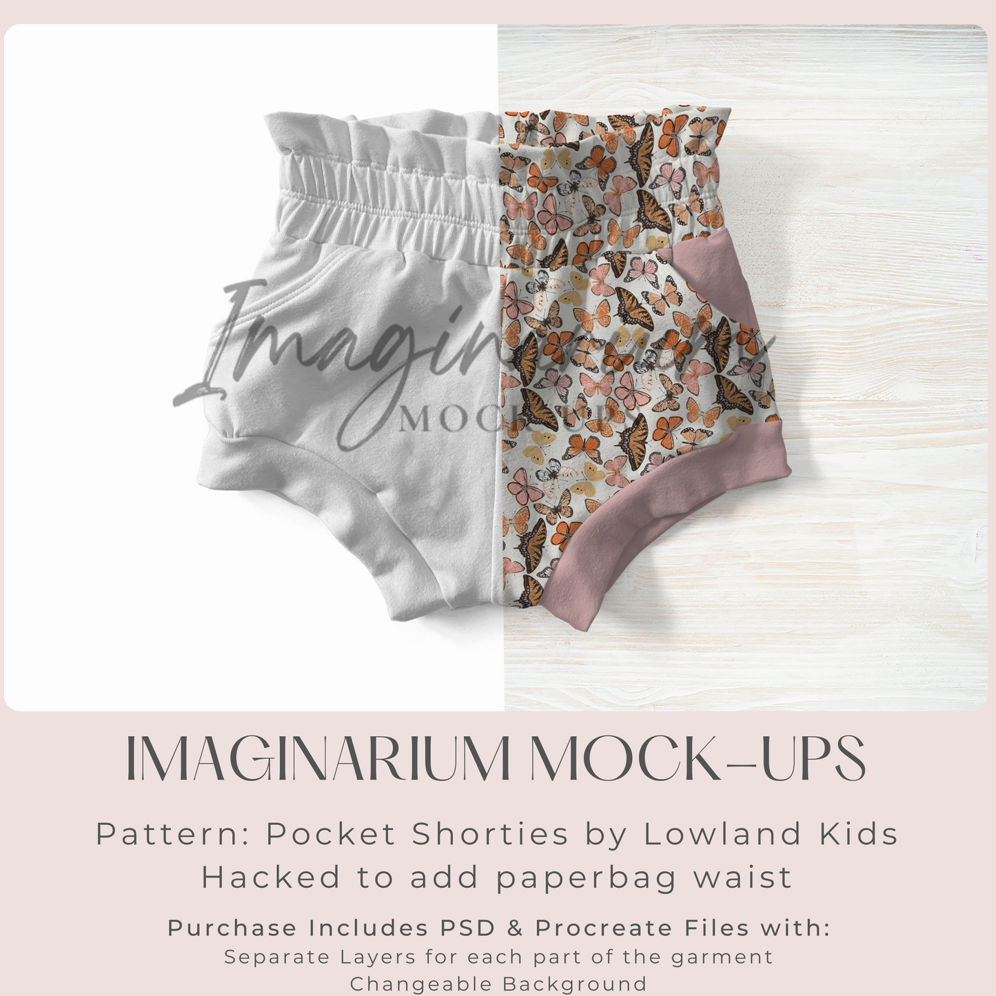 Paperbag Waist Pocket Shorties Shorts Mock Up, Realistic Clothing Mockup for Photoshop and Procreate