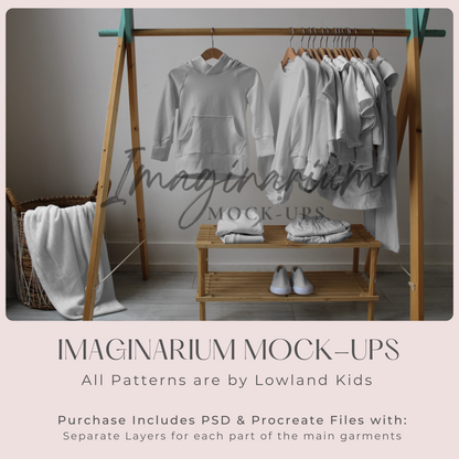 Clothing Rack Hanging Clothes Display Mockup, Lowland Kids Capsule Collection, Realistic Clothing Mock Up for Photoshop and Procreate