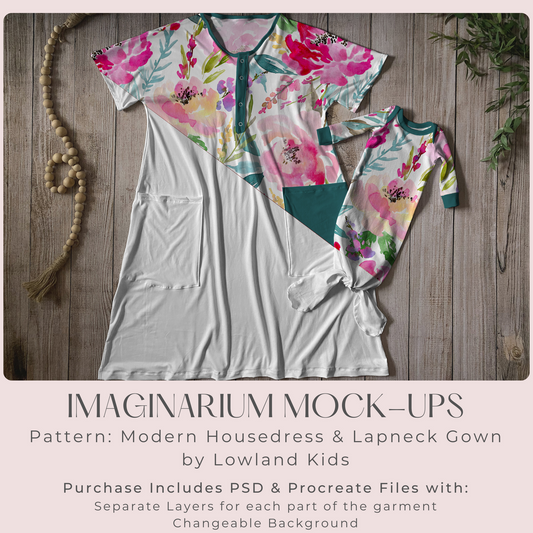 Adult Modern House Dress and Baby Lapneck Gown Set Mock Up, Realistic Mockup for Photoshop and Procreate