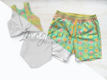 Daddy Daughter Swimsuit Set Mockup, Reversible Swimsuit and Swim Trunks, Realistic Mock ups for Procreate and Photoshop