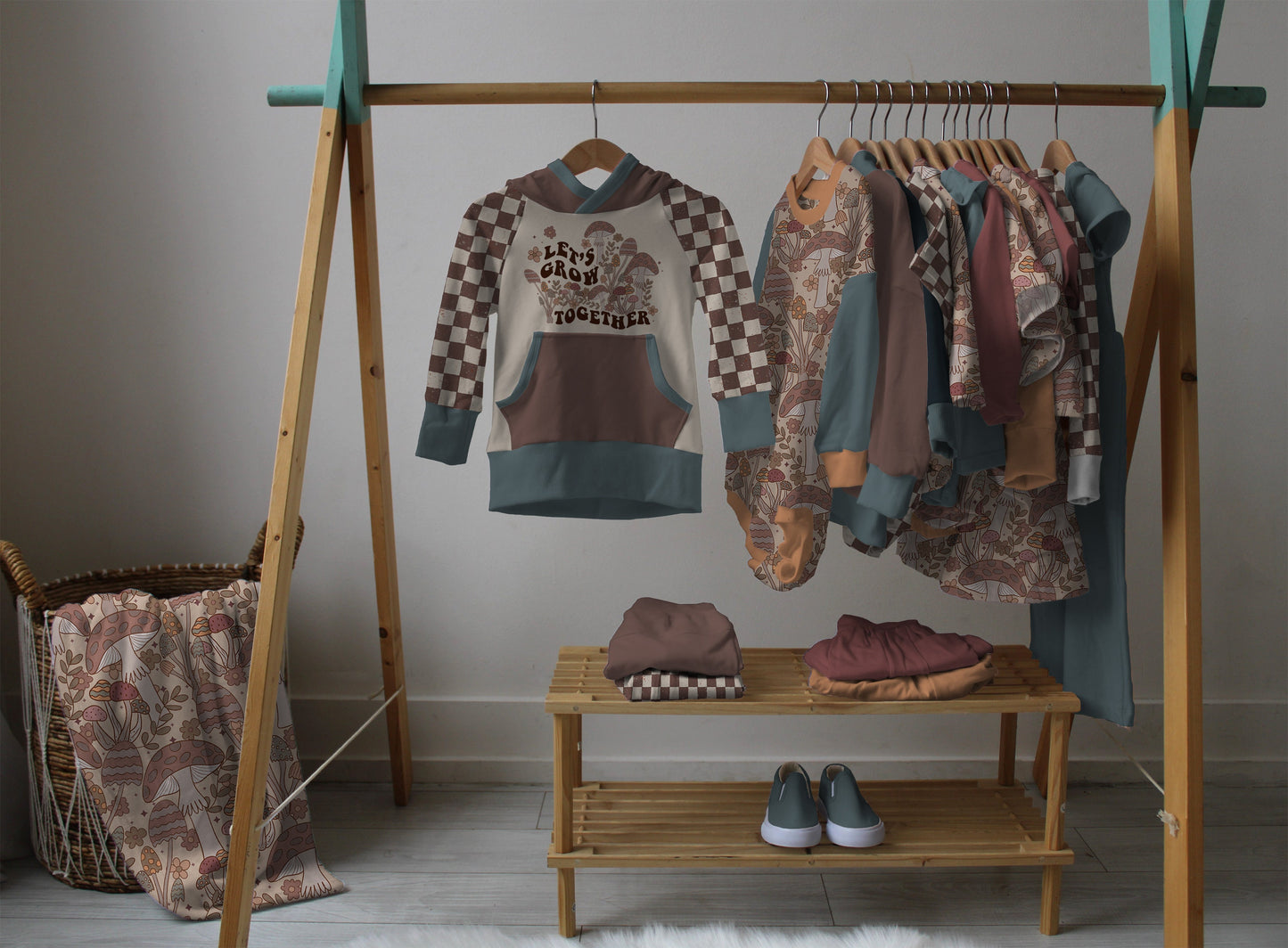 Clothing Rack Hanging Clothes Display Mockup, Lowland Kids Capsule Collection, Realistic Clothing Mock Up for Photoshop and Procreate